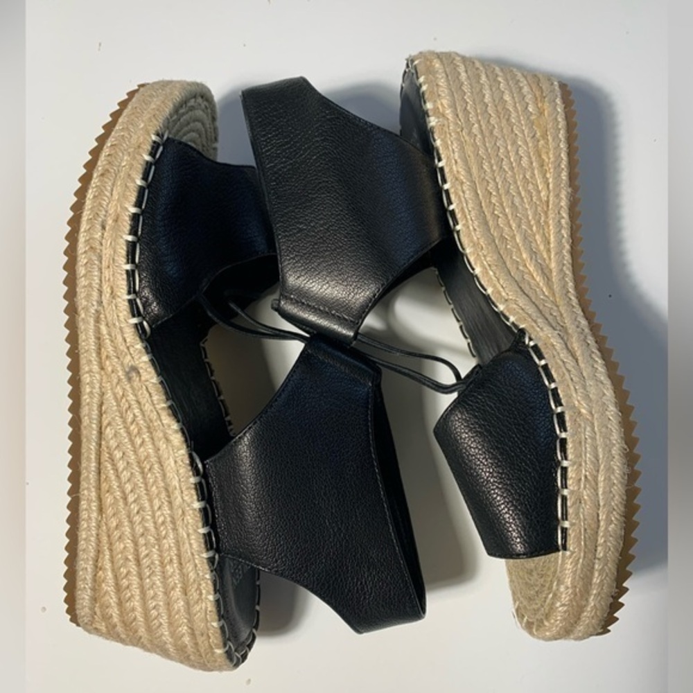 Eileen Fisher, black leather, espadrille wedges, sandals, size 8